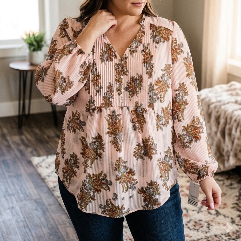 Ophelia Roe‎ Womens 1X Pink Paisley Pintuck V-Neck Balloon Sleeve Blouse NWT